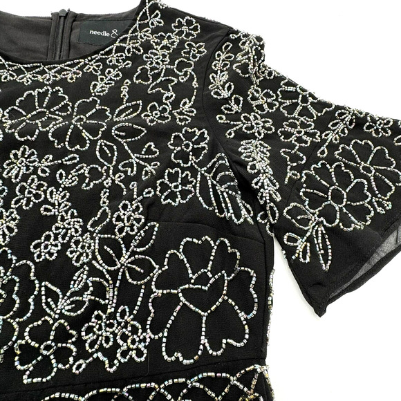 NEEDLE & THREAD Size 2 Black Full Beaded Floral Lined Cocktail Dress Prom Formal - Picture 4 of 10